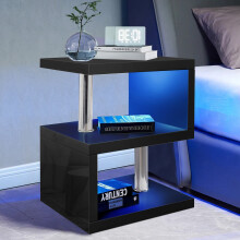 ((Black)) High Gloss 2 Tier Side Coffee Table With Led Light