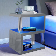 ((Grey)) High Gloss 2 Tier Side Coffee Table With Led Light
