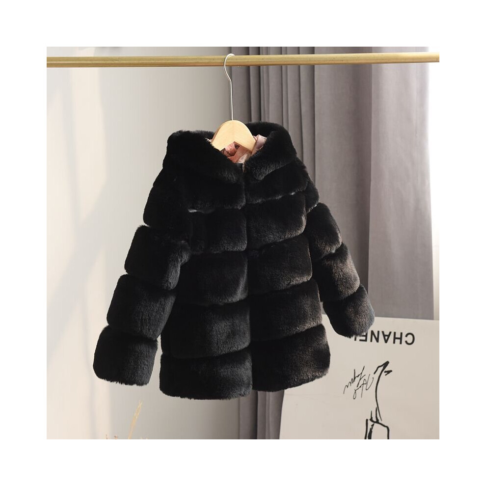 (Black, 8-9 Years) Kids Girls Rabbit Fur Coat Padded Winter Jacket UK