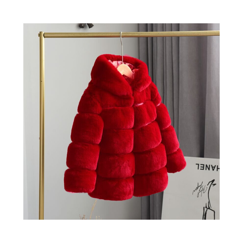 (Red, 8-9 Years) Kids Girls Rabbit Fur Coat Padded Winter Jacket UK