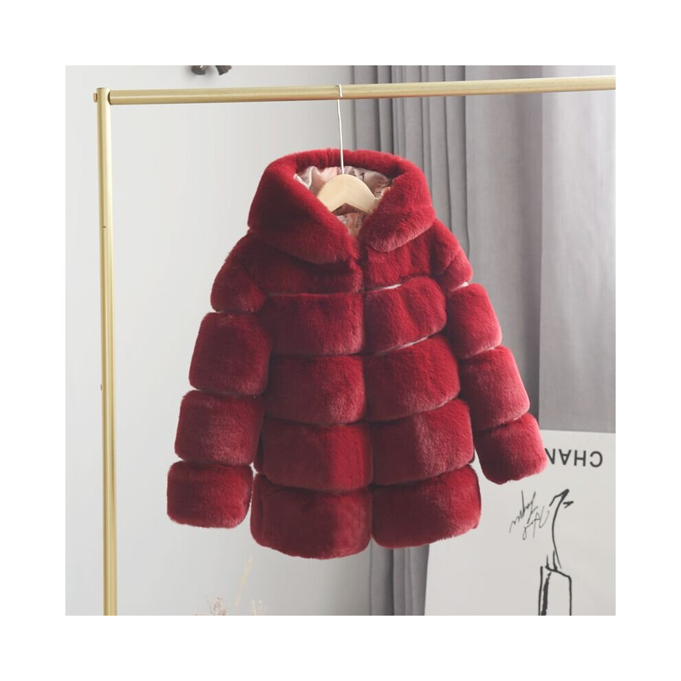 (Burgundy, 5-6 Years) Kids Girls Rabbit Fur Coat Padded Winter Jacket UK