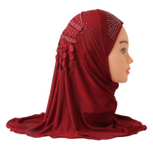 Muslim Kids Girls Hijab Tassel One Piece Amira Turban Head Scarf Shawl Wrap Islamic Rhinestone Prayer Hijabs Cap Hat Arab Hijabs