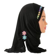 H041 small girl amira hijab with flowers fit 2-6 old kids pull on islamic scarf head wrap