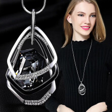 Geometric Long Necklace for Women - Maxi Collier Pendant, Statement Chain Jewelry in Gold/Silver & Crystal Variants
