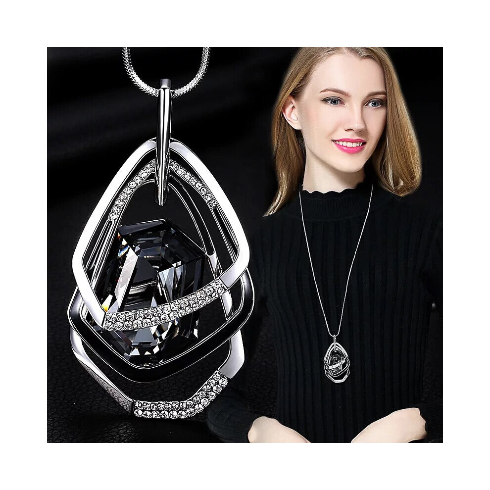 Geometric Long Necklace for Women - Maxi Collier Pendant, Statement Chain Jewelry in Gold/Silver & Crystal Variants