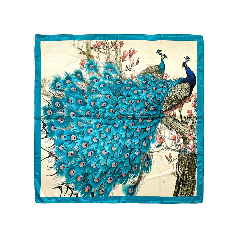 Peacock Print Headscarf Beach Travel Square Scarf Silk Satin Peacock Tail Scarf Turban Bib Bandana 90*90cm-image-OPC-PBQGBW9-NEW