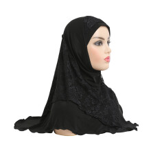 H126 latest muslim big girls amira hijab with lace layer islamic scarf arab hat women's headwrap ramadan pray hats