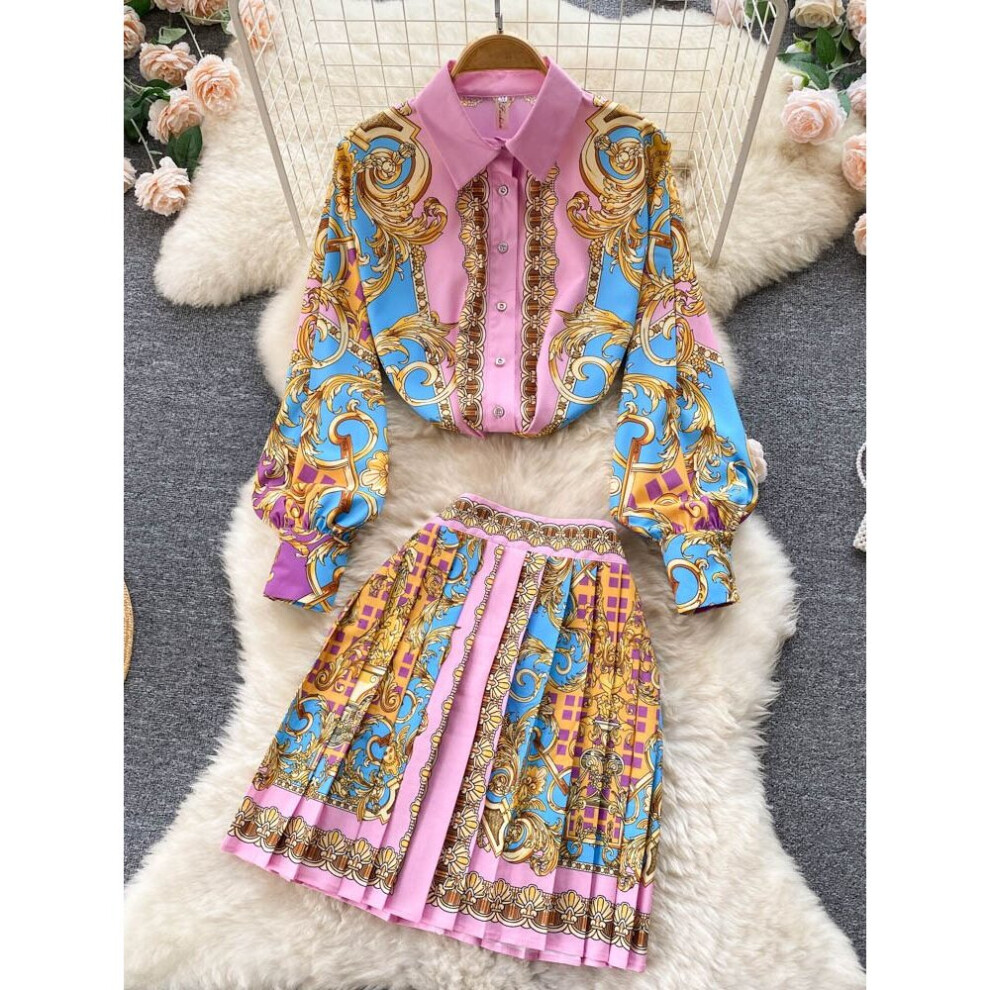 Summer Skirts Suit Women's Puff Sleeve Beading Lapel Shirt Top+Flower Print Mesh Ball Gown Belt Skirts 2 Piece Set-image-OPC-PBQGGYB-NEW
