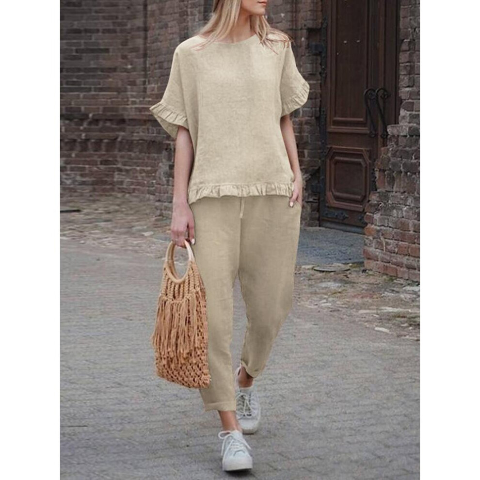 Short Sleeve O-Neck Blouse 2PCS Women Summer Matching Sets Suit Femme Work Elastic Pockets Vintage Long Trousers-image-OPC-PBQGH9V-NEW