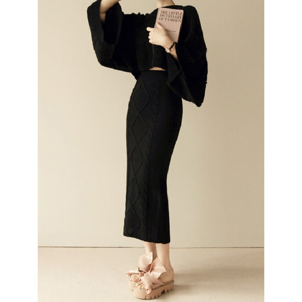 High Autumn Winter Women Knitted 2 Piece Set Batwing Sleeve Loose Tops+Slim Bodycon Skirt Female Sweater Suits-image-OPC-PBQGHT9-NEW