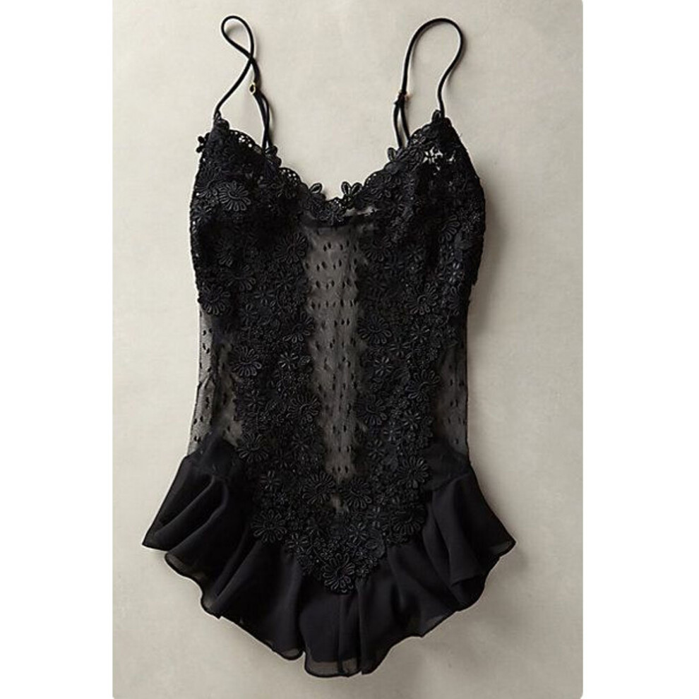 Black Women Sexy Lingerie Silk Lace Mesh Sleeveless Solid Babydoll Nightdress Sleepwear Bodysuits Erotic Sex See-Through Costume
