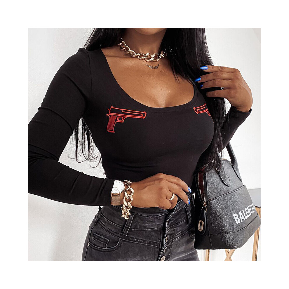 Casual Gun Embroidery Rompers Long Sleeve U Neck Bodycon Ladies Bodysuit Fall Winter Daily Streetwear Jumpsuits-image-OPC-PBQGHZW-NEW