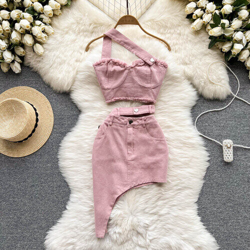 Gagaok Denim Pink Sexy Women Sets Zipper Sashes Button Pocket Irregular Strapless Backless Top Denim Skirt Two Piece Set on OnBuy