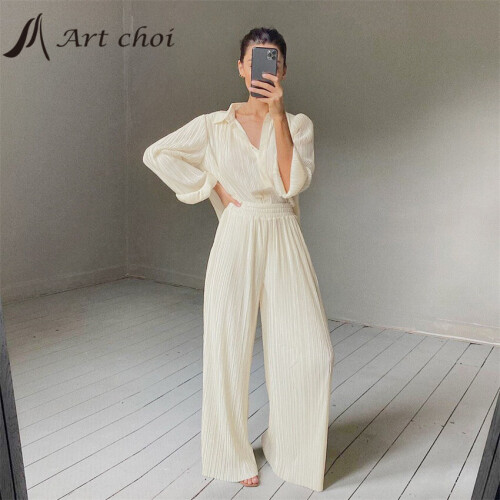 Spring Summer Two Piece Set Tracksuit Casual Outfit Suits Women Beige Shirt Long Blouse Tops Pleated Wide Leg Pants 2 Piece Sets on OnBuy