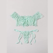 Lady Sexy Sweet Lingerie Sets Women Off Shoulder See Through Tulle Crop Tops+Lace Up Thong Panties Underwear Nightwear Sleepwear