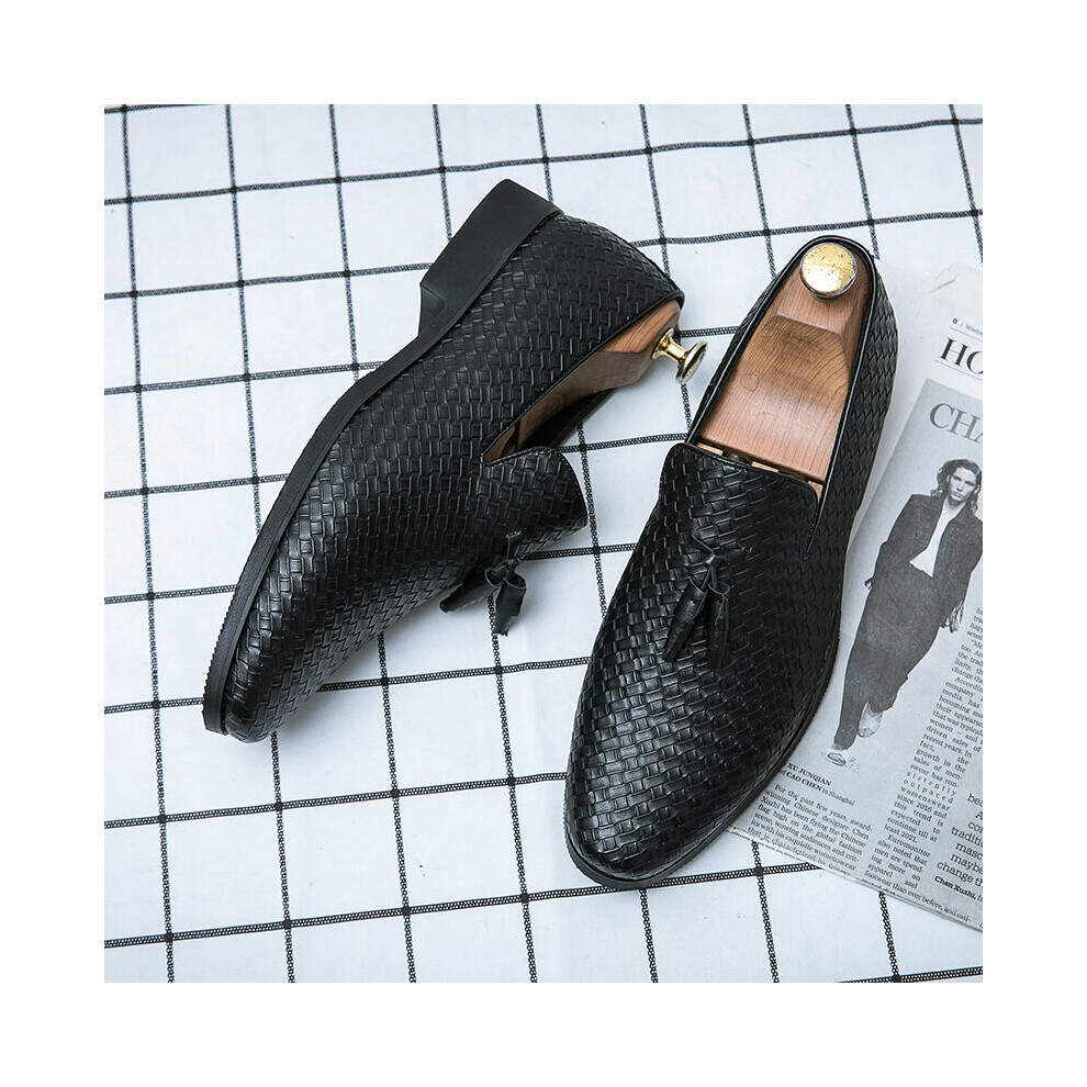 (B17877 Black Beige-6.5) Mens Business Dress Formal Slip On Oxfords Footwear Male Office Woven Leather Casual Shoes For Men Loafers