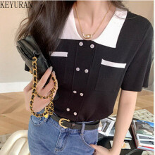 Summer Thin Short-sleeved Ice Silk Knitted Cardigan Women Polo Collar Contrast Double Breasted Knitwear T-shirt Tops