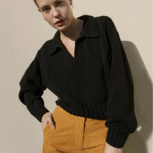 Women Polo Sweater Casual Solid V-neck Top Sweater Autumn Loose Lapel Pullovers Short Top