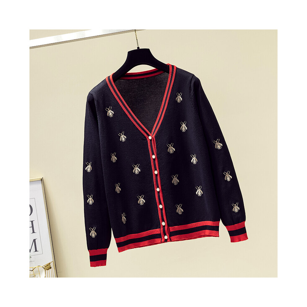 Bees Embroidery Cardigan Autumn Women Knitted Sweater Coat V-Neck Single Breasted Outwear Female Cardigans-image-OPC-PBQHJK5-NEW