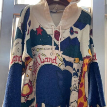 Girls Literary Retro Knitted Sweater Women Loose Print Cartoon Pattern Hooded Collar Long Sleeve Jumpers Coat Female Spring
