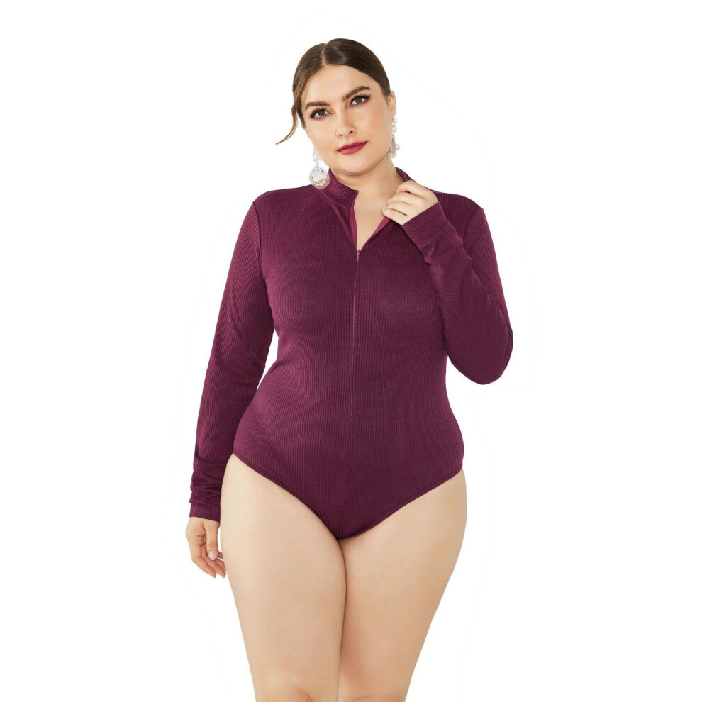 Plus Size Women 5XL Stand Collar Long Sleeve Zipper Knitted Sweater Bodysuits Autumn Winter Solid Casual Office Rompers-image-OPC-PBQHTV8-NEW