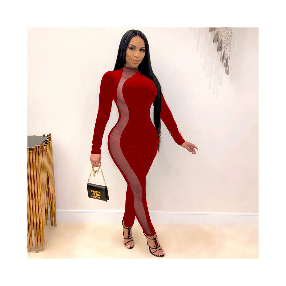 Velvet Bodysuit Mesh Stitching See-through Sexy Skinny Jumpsuit O-neck  Zipper Up Long Sleeve One Piece Outfits for Women Clothes on OnBuy