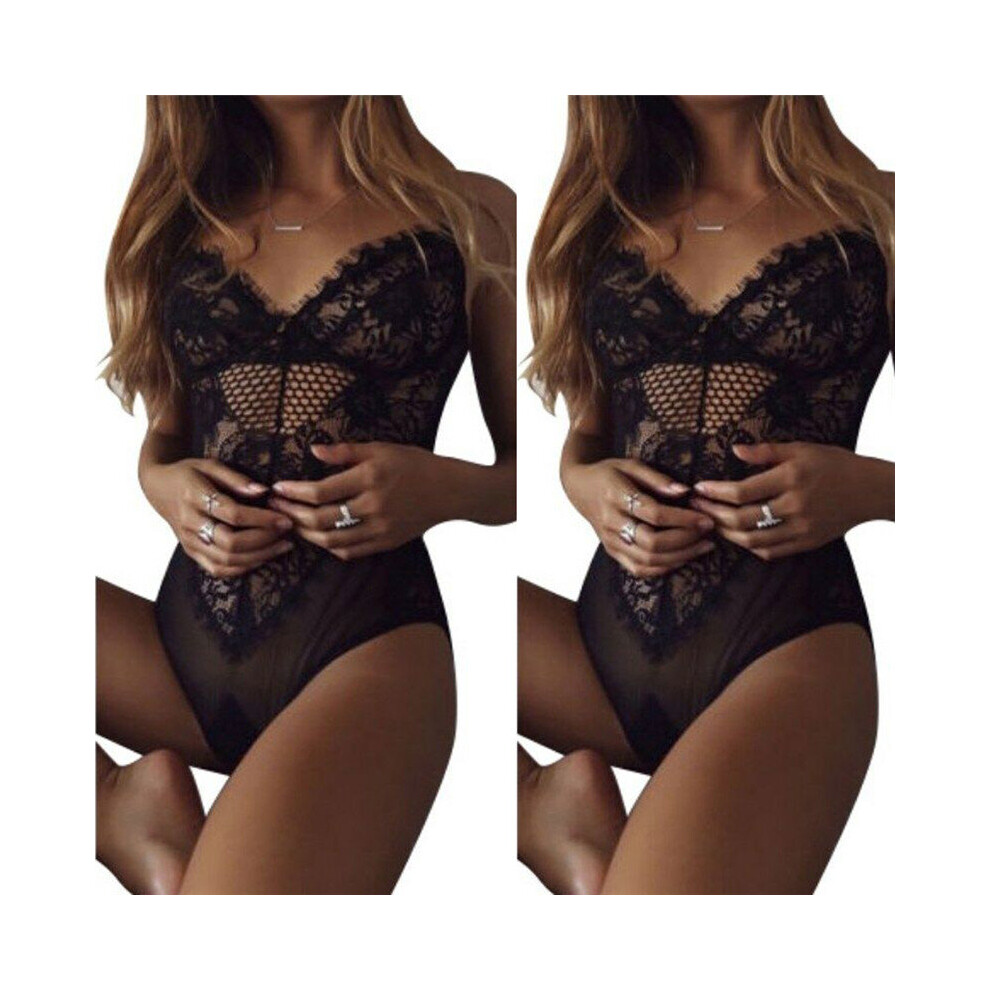 Black Women Sexy Lace Rompers Erotic Solid Onesies One-Piece Bodysuits Female Pajamas Halter Temptation Perspective