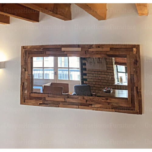 Large Wall Mirror Rustic Solid Wood Teak Frame Vintage Industrial Style Rectangular Furniture 1