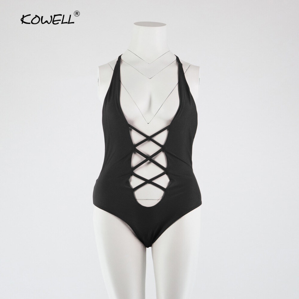 Kowell Summer Sexy Halter Cross Bandage Bodysuit Women V-Neck Sleeveless Bodycon Rompers Womens Jumpsuit Swimwear Culb Overalls-image-OPC-PBQHX9P-NEW