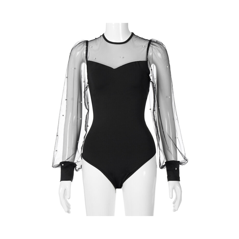 Spring Autumn Women Beading Mesh Long Sleeve Bodysuit Ladies Solid Jumpsuit-image-OPC-PBQHXDJ-NEW