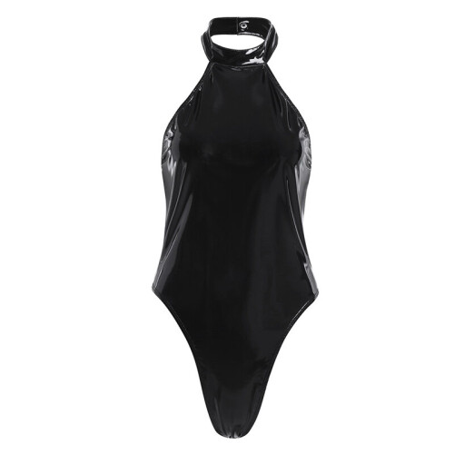 Sexy Women One Piece Body Suit Wetlook Latex Catsuit High Neck Halter Backless Leotard Bodysuit 7401