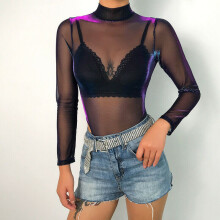 Summer Sheer mesh Romper bodysuit leotard Women Club street transparent see-through jumpsuit Stretch set Long sleeve
