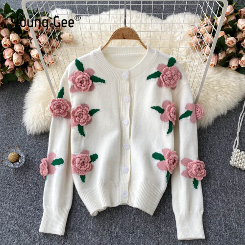 Women Knitted Cardigans Sweater Autumn Long Sleeve 3D Rose Flower