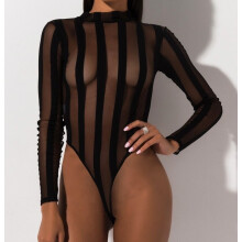 Orange/Black Striped Sheer Mesh Bodysuit Female Long Sleeve Bodycon Transparent Body Top Fitness Workout Club Playsuits Autumn