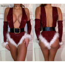 Women Christmas Pattern Fluffy Cutout Teddy Jumpsuit Plunge Skinny Bedroom