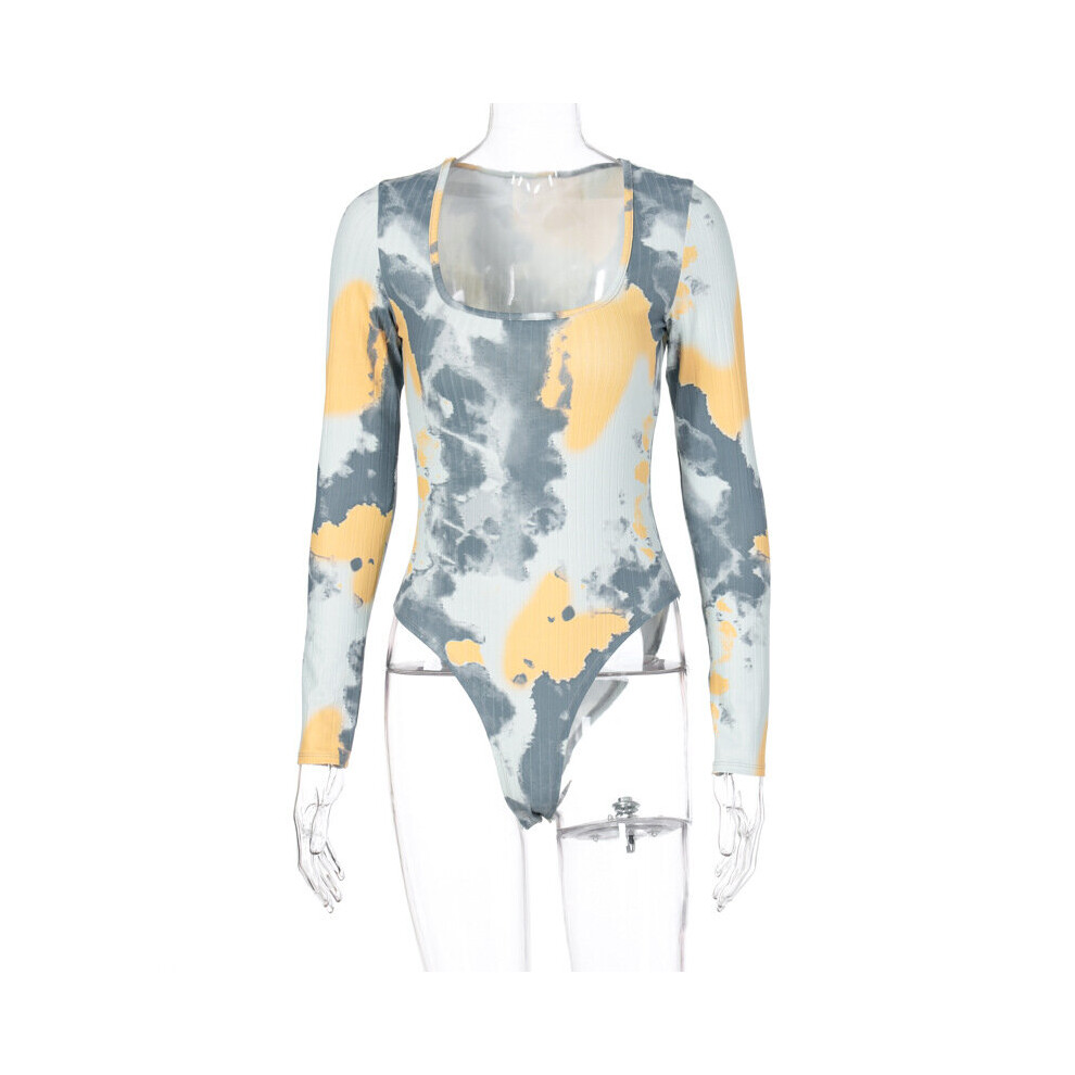 Autumn Winter Workout Fitness Rompers Womens Jumpsuits Casual Ribbed Tie Dye Print Long Sleeve Square Collar Skinny Body Top-image-OPC-PBQHY7N-NEW