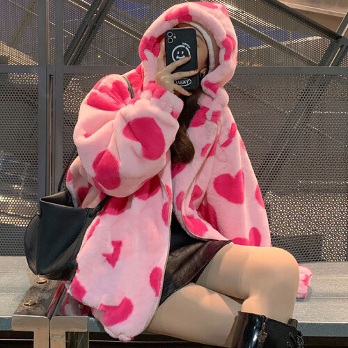 90s Harajuku Heart shaped Print Plush Jacket Women Winter Large Size Long Sleeve Hooded Coat Thick Warm Couple Streetwear on OnBuy