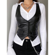 PU Leather Vest Vintage Women Sleeveless V Neck Button Tank Tops 2000s Dark Academia Waistcoat Female Summer Fall