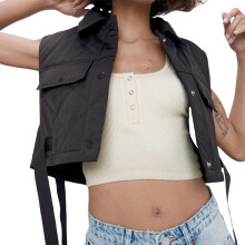 Women Turn-down Collar Waistcoat Solid Sleeveless Button-down Crop Tops Army Green/ Black/ Brown/ Wine Red