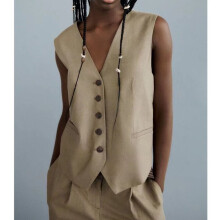 Women Suit Vest V Neck Loose Casual Sleeveless Jacket Linen Fabric Single-Breasted Waistcoat for Entertainment Party