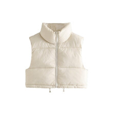 Women Zip-up Padded Waistcoat Vintage High Neck Sleeveless Female Outerwear Vest Tops