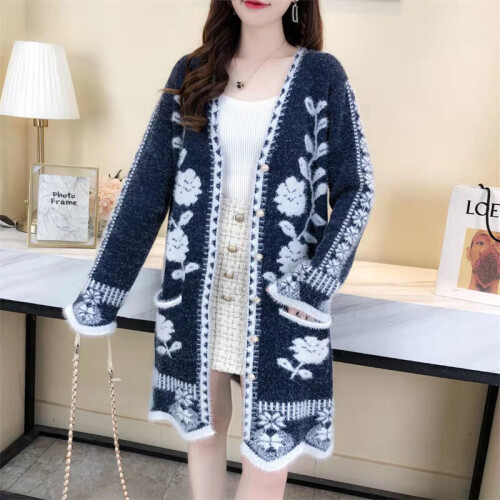 Autumn Winter Cardigan Sweater Women Mid-length faux mink cardigan