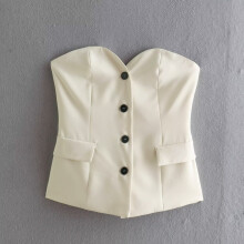 Zevity Women Strapless Flap Pocket Slim Vest Jacket Office Lady Single Breasted Business WaistCoat Backless Tops CT1665