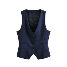 Zevity Women V Neck Sleeveless Single Breasted Linen Vest Jacket Office Ladies Pocket Slim WaistCoat Tops CT2555