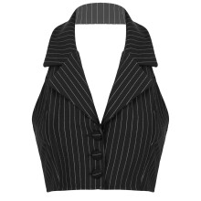 WomensElegant Striped Waistcoat Vests Halter Neck V-Neck Office Ladie Vest Sexy Cropped Top Work Wear