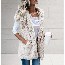 Autumn Solid Plush Sleeveless Tops Women's Vest Sweater Casual High Street Cardigan Pocket Ladies Hooded Jacket