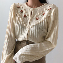 Beige Sweet Gentle Hook Floral Lantern-Sleeved Girls Knitted Korea Fresh Cardigans Sweaters