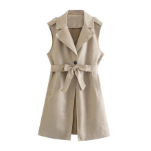 Autumn Sleeveless Waistcoat Women Lapel Collar Belted Long Vest Coat Buttoned Loose Vintage Femal Office Lady Vests