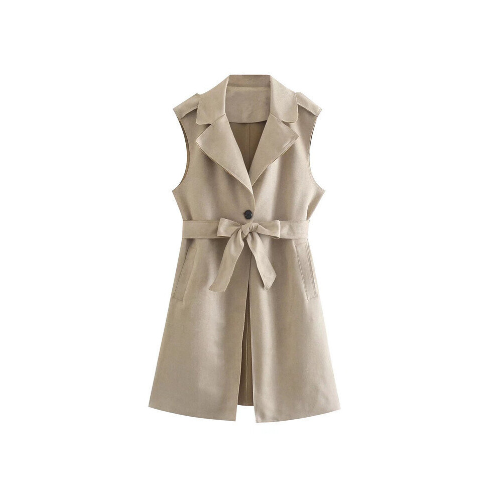 Autumn Sleeveless Waistcoat Women Lapel Collar Belted Long Vest Coat Buttoned Loose Vintage Femal Office Lady Vests-image-OPC-PBQJ9PY-NEW