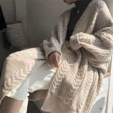 Autumn and Winter Vintage Loose Knitted Cardigan Women's Solid Thick Warm Long Cardigan Sweater Coat Women